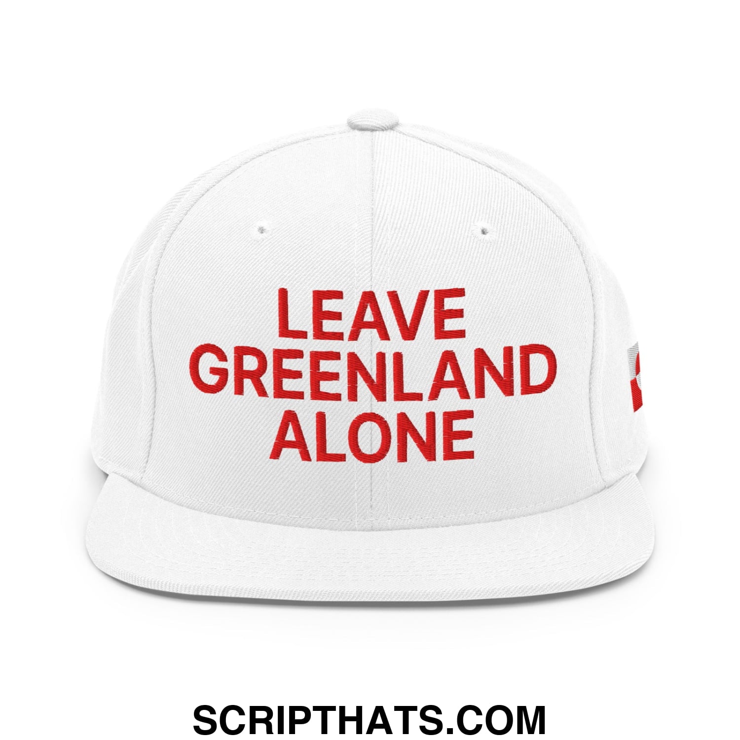 White snapback cap with bold red embroidered leave greenland alone text and flat bill brim for casual wear