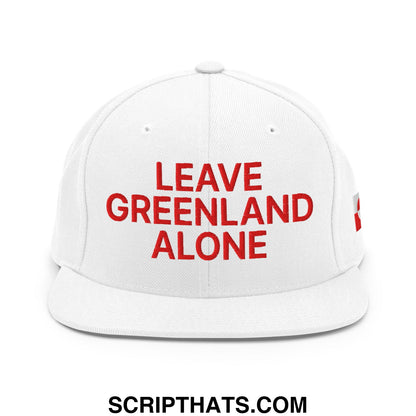 White snapback cap with bold red embroidered leave greenland alone text and flat bill brim for casual wear
