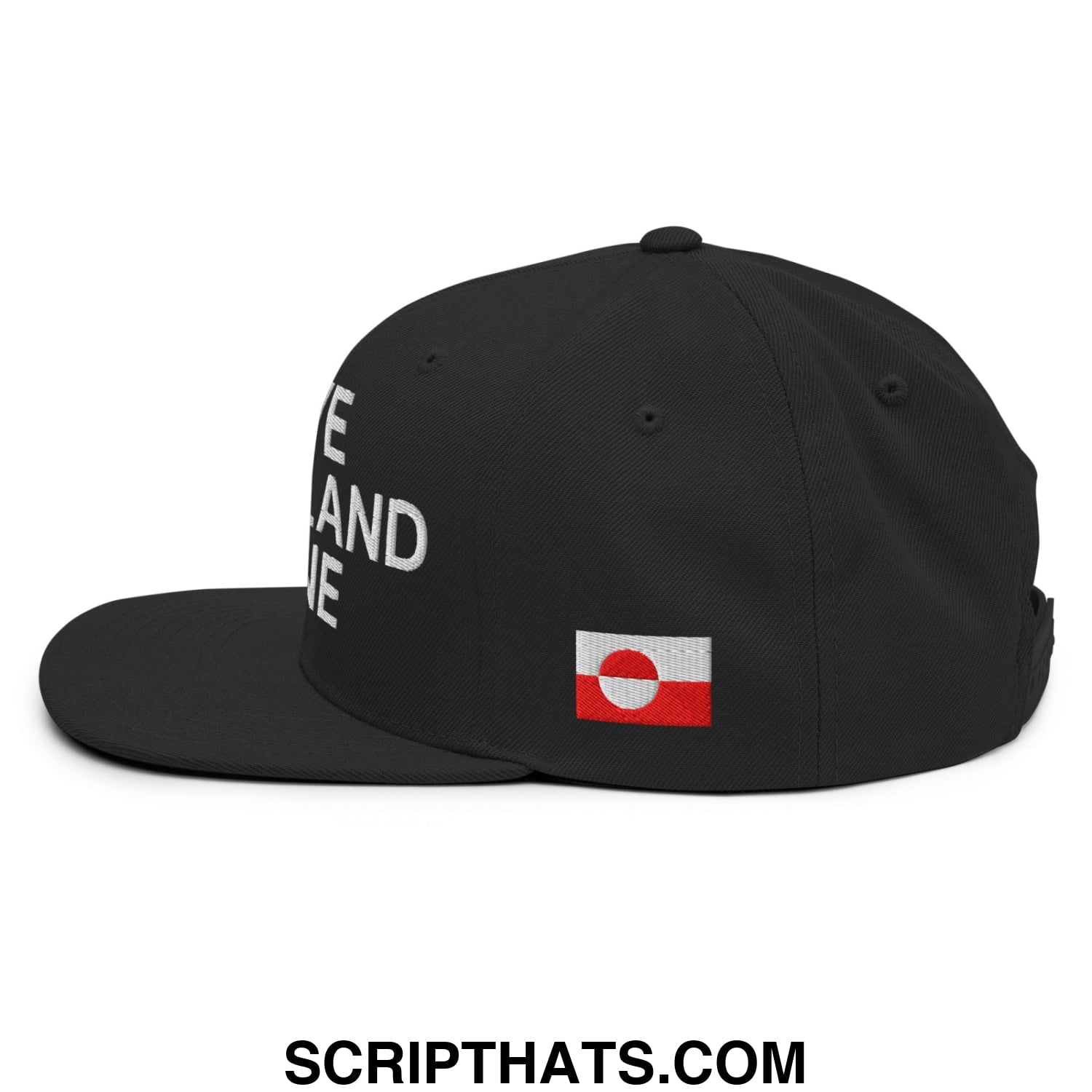 Black leave Greenland alone snapback cap with white embroidered text and red and white flag patch on the side