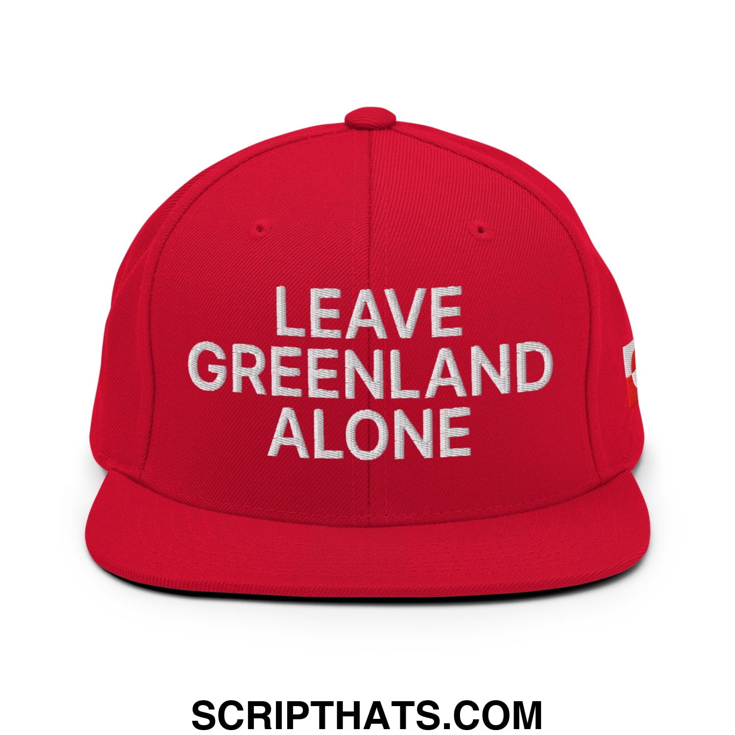 Red snapback cap with white embroidered leave greenland alone text and flat bill brim for casual wear