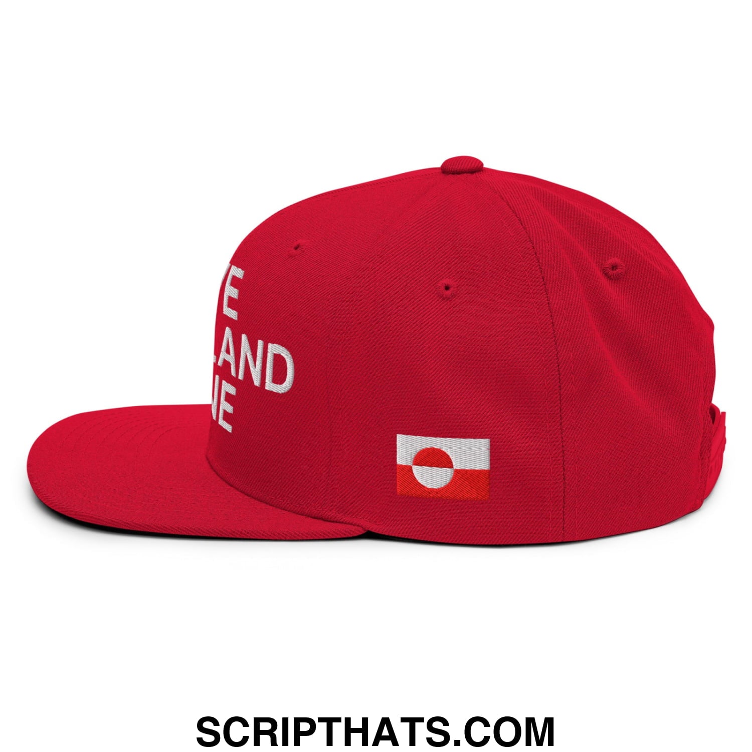 Red flat bill snapback hat with white embroidered leave greenland alone text and small flag patch on the side