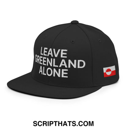 Black snapback cap with white embroidered leave greenland alone text and red and white flag patch on the side