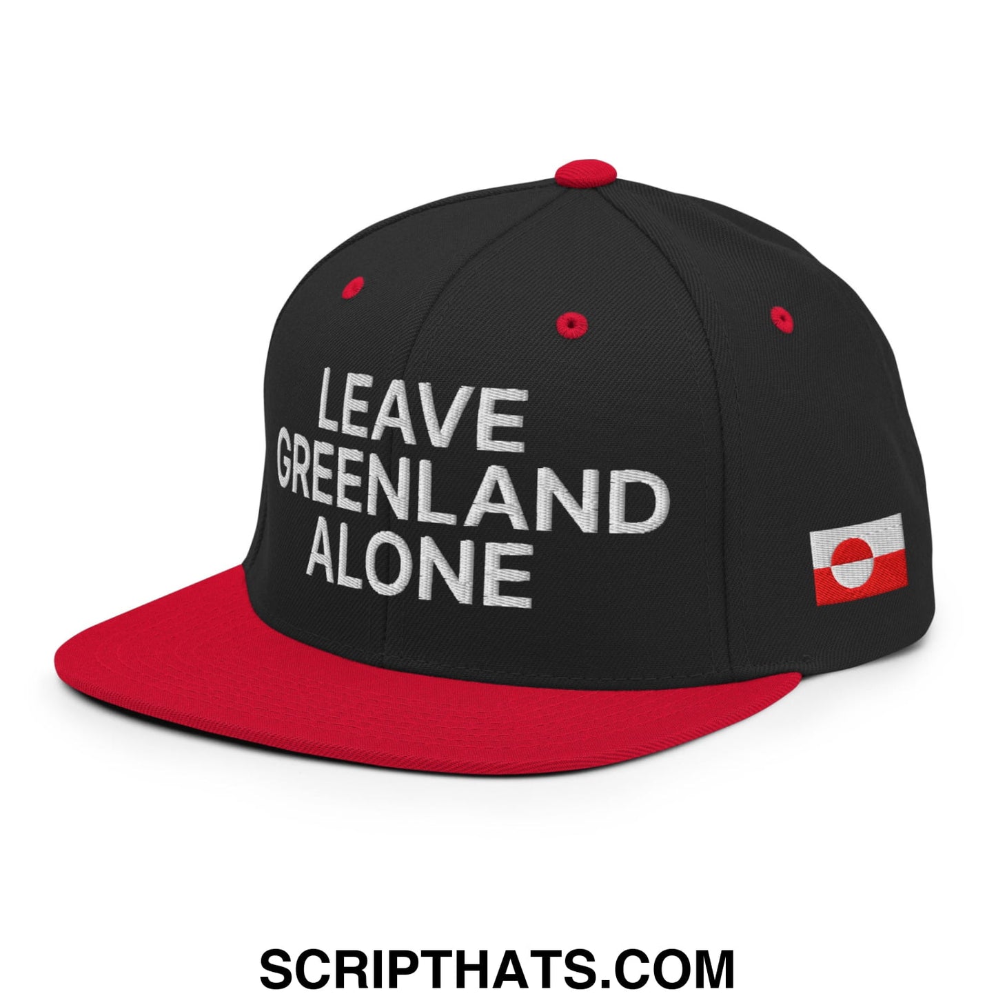 Black and red snapback hat with white embroidered leave greenland alone text and greenland flag patch on the side
