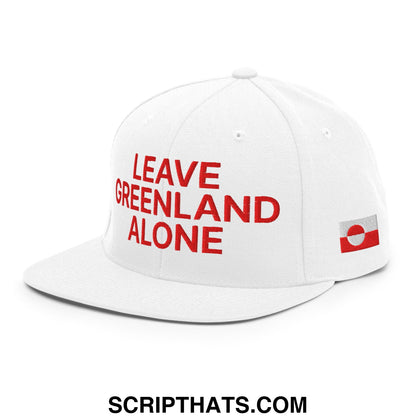 White snapback cap with bold red embroidered leave greenland alone text and a small side flag patch