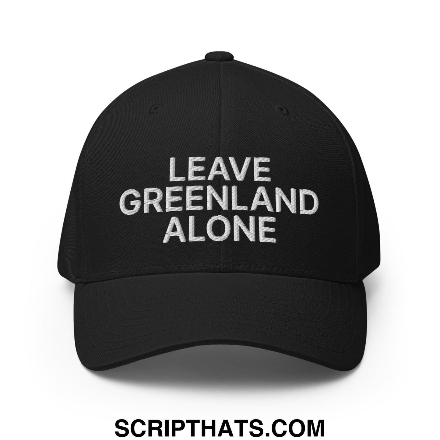 Black stretch fit baseball hat with white embroidered leave greenland alone text frontline for casual wear