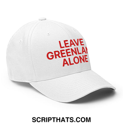 White stretch fit baseball hat with bold red embroidered text leave greenland alone on front panel