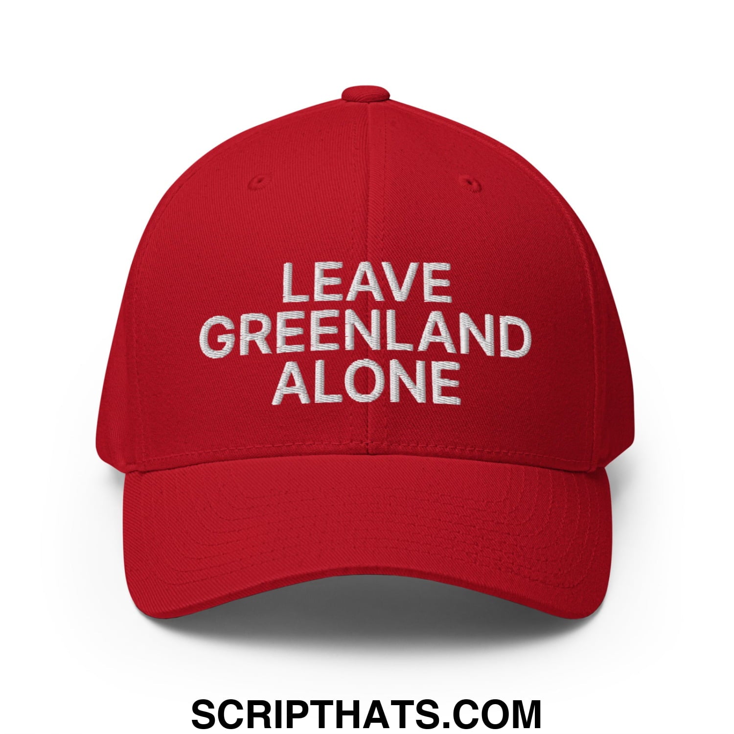 A vibrant red embroidered stretch fit baseball hat with white text reading leave Greenland alone on the front