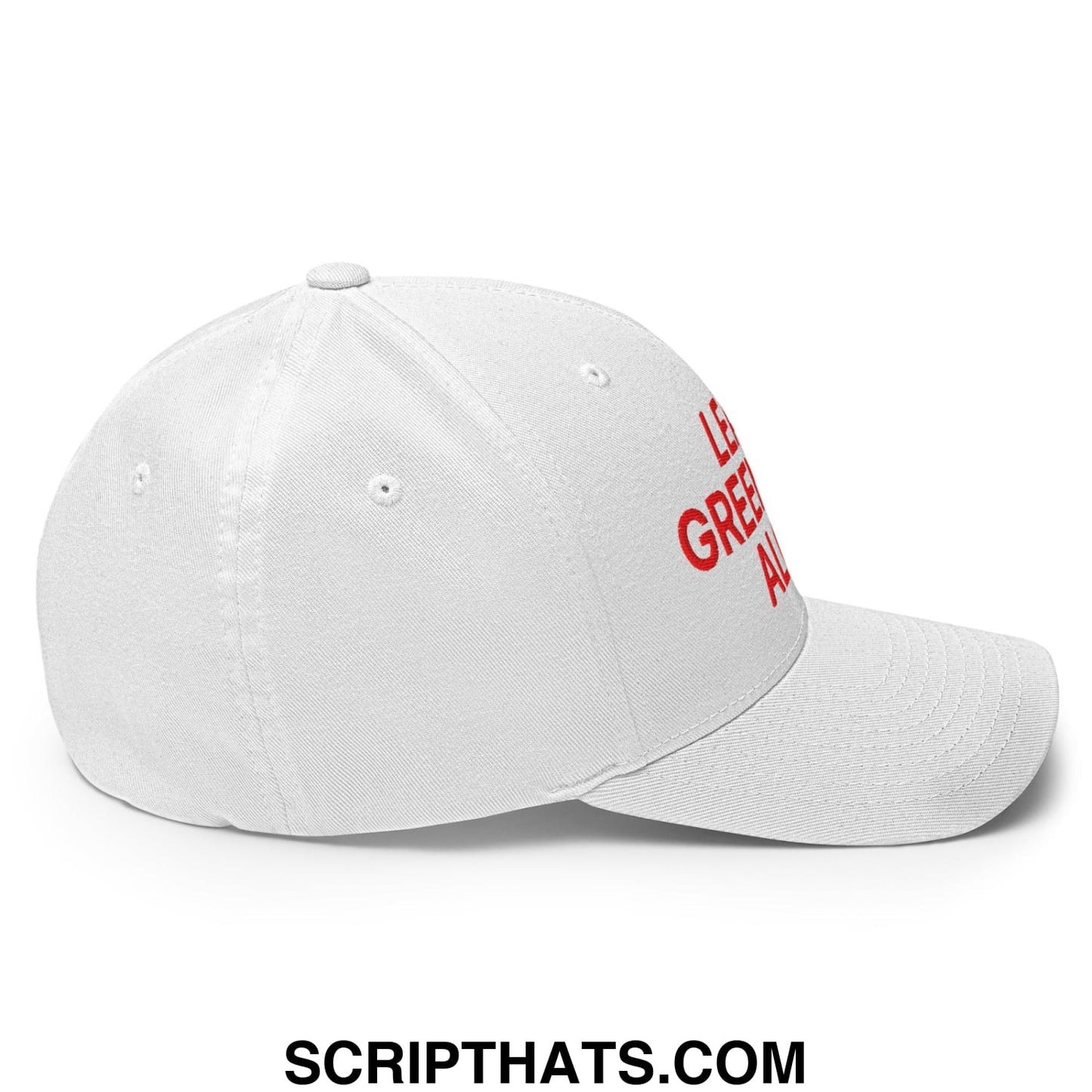 White stretch fit baseball hat with red leave greenland alone embroidered text on the side