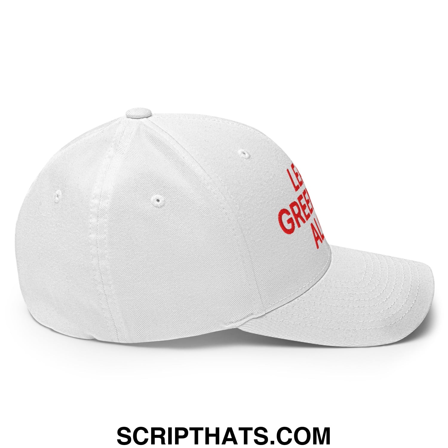 White stretch fit baseball hat with red leave greenland alone embroidered text on the side