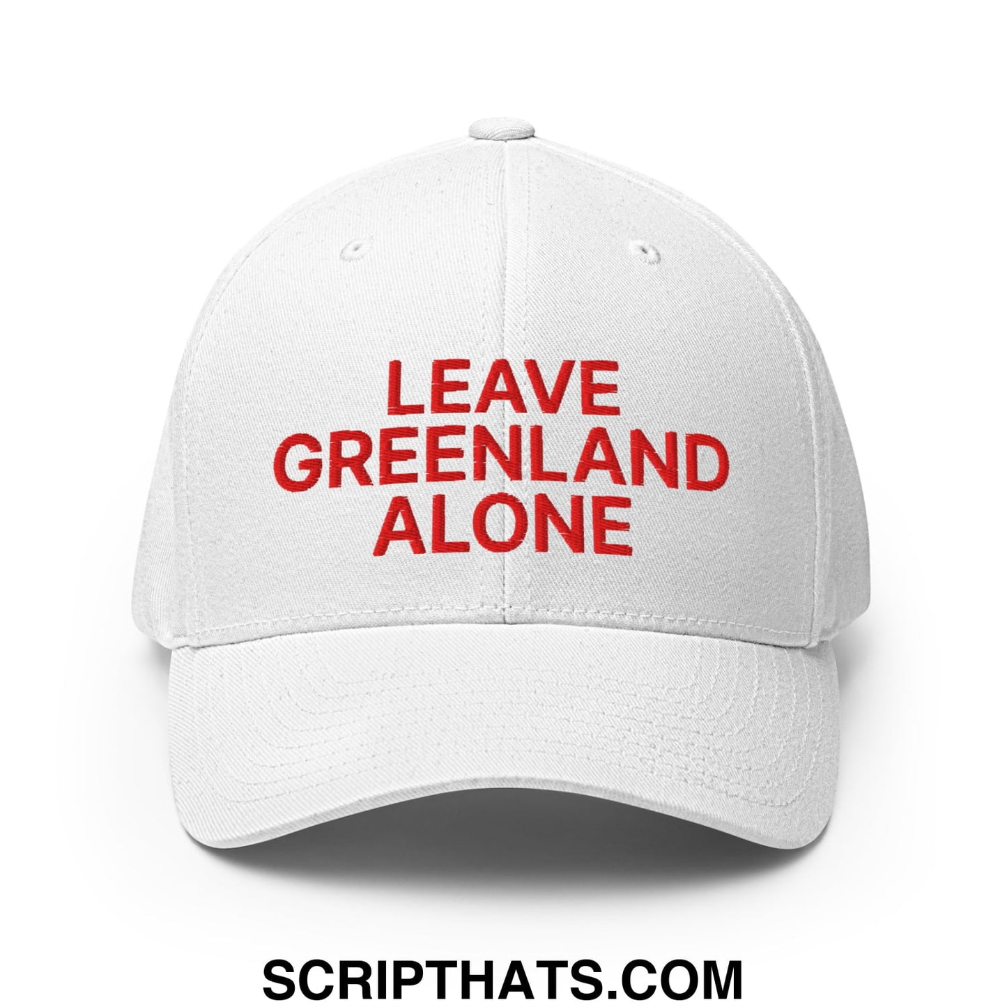 White stretch fit baseball hat with red embroidered leave greenland alone text on front