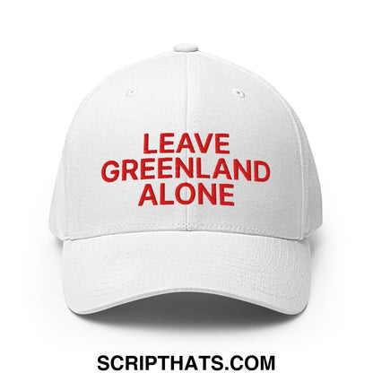 White stretch fit baseball hat with red embroidered leave greenland alone text on front