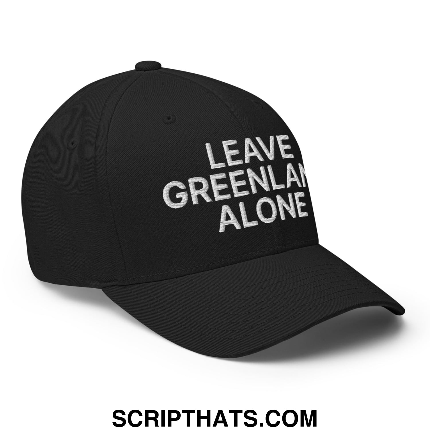 Black stretch fit baseball hat with white embroidered leave greenland alone text on front panel