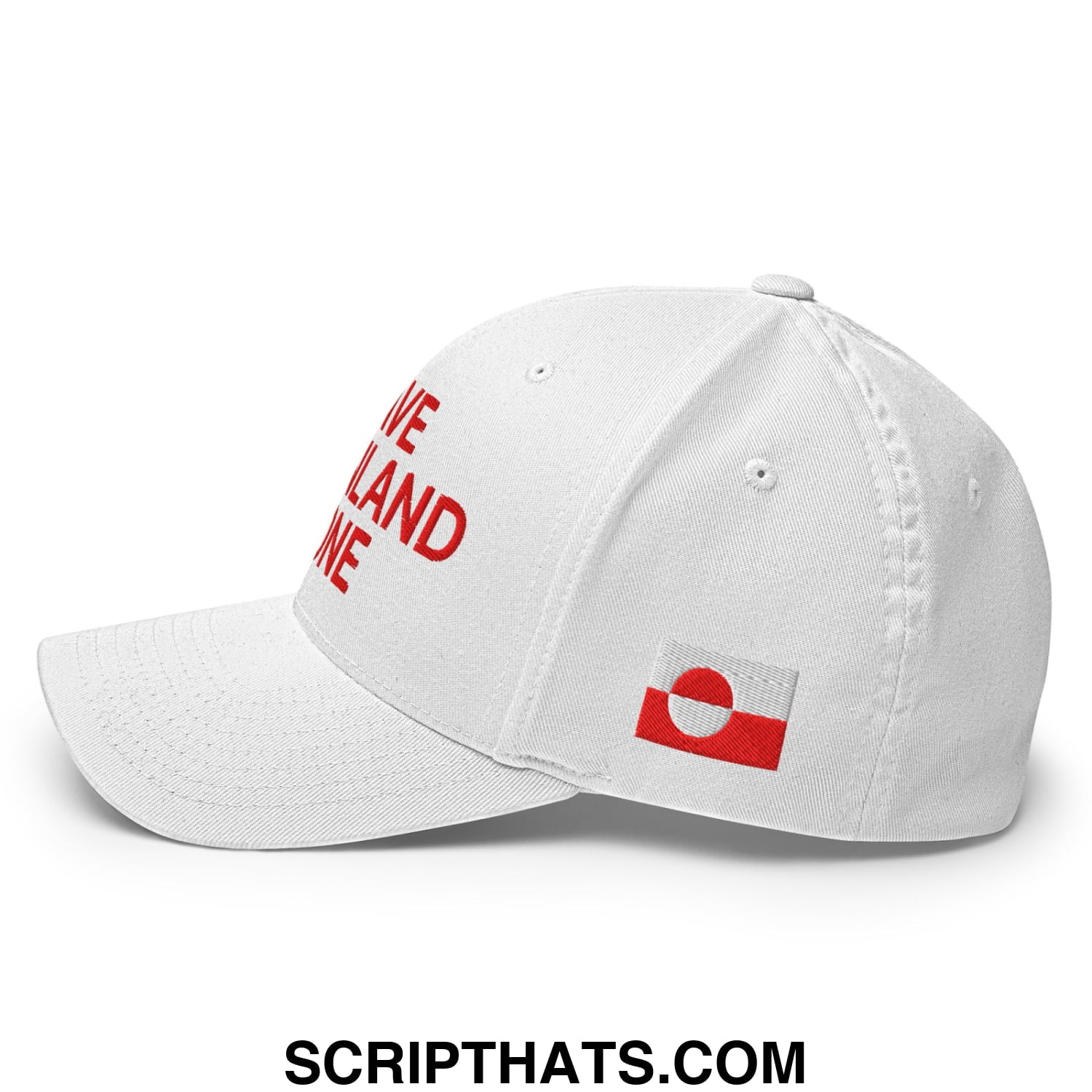 White stretch fit baseball hat with red save ireland embroidery and red white flag patch titled leave greenland alone