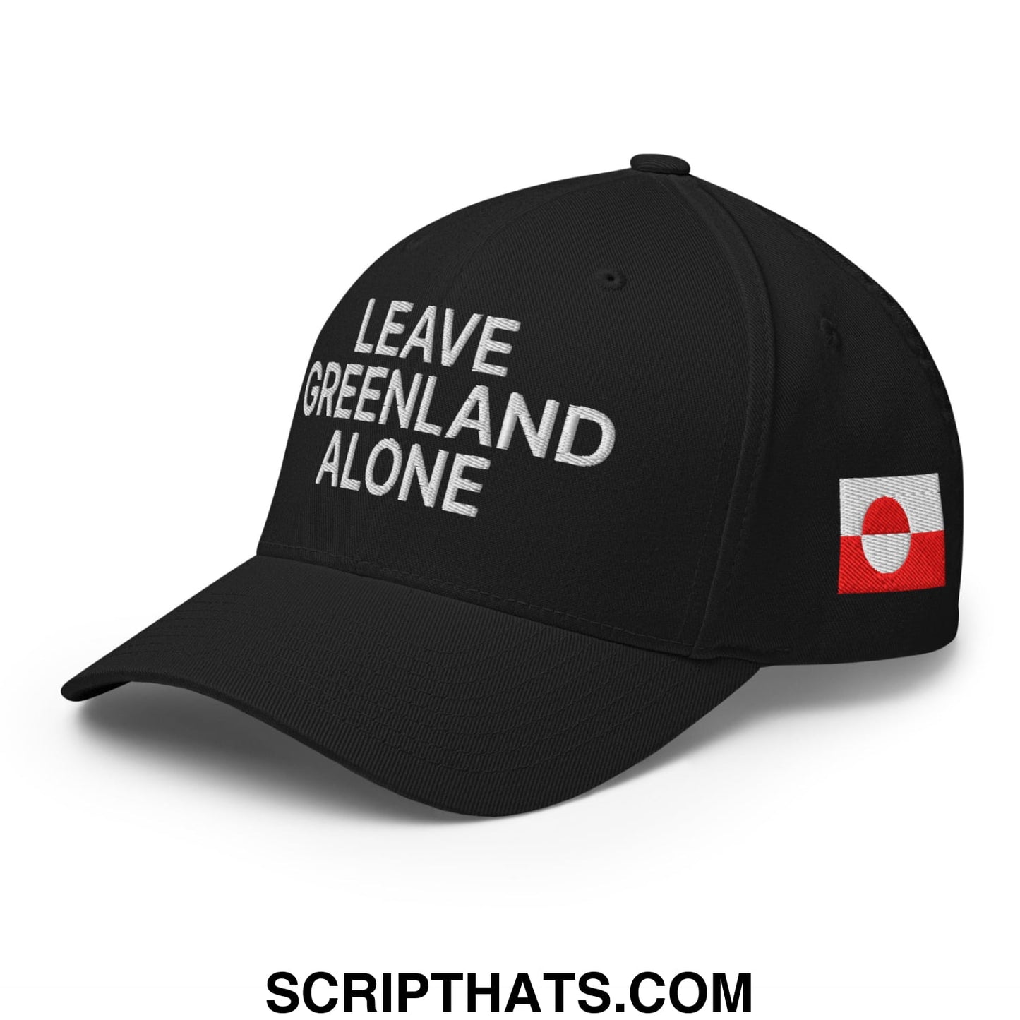 Black stretch fit baseball hat with white embroidered leave greenland alone text and red and white flag patch on side