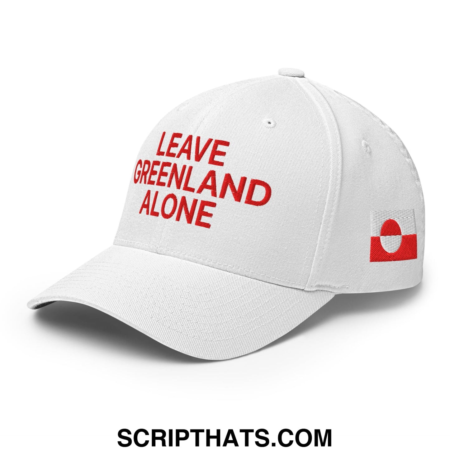 White stretch fit baseball hat with red leave Greenland alone embroidery and small flag patch on the side