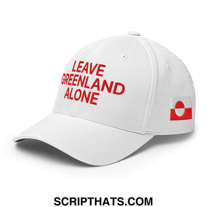 White stretch fit baseball hat with red leave Greenland alone embroidery and small flag patch on the side