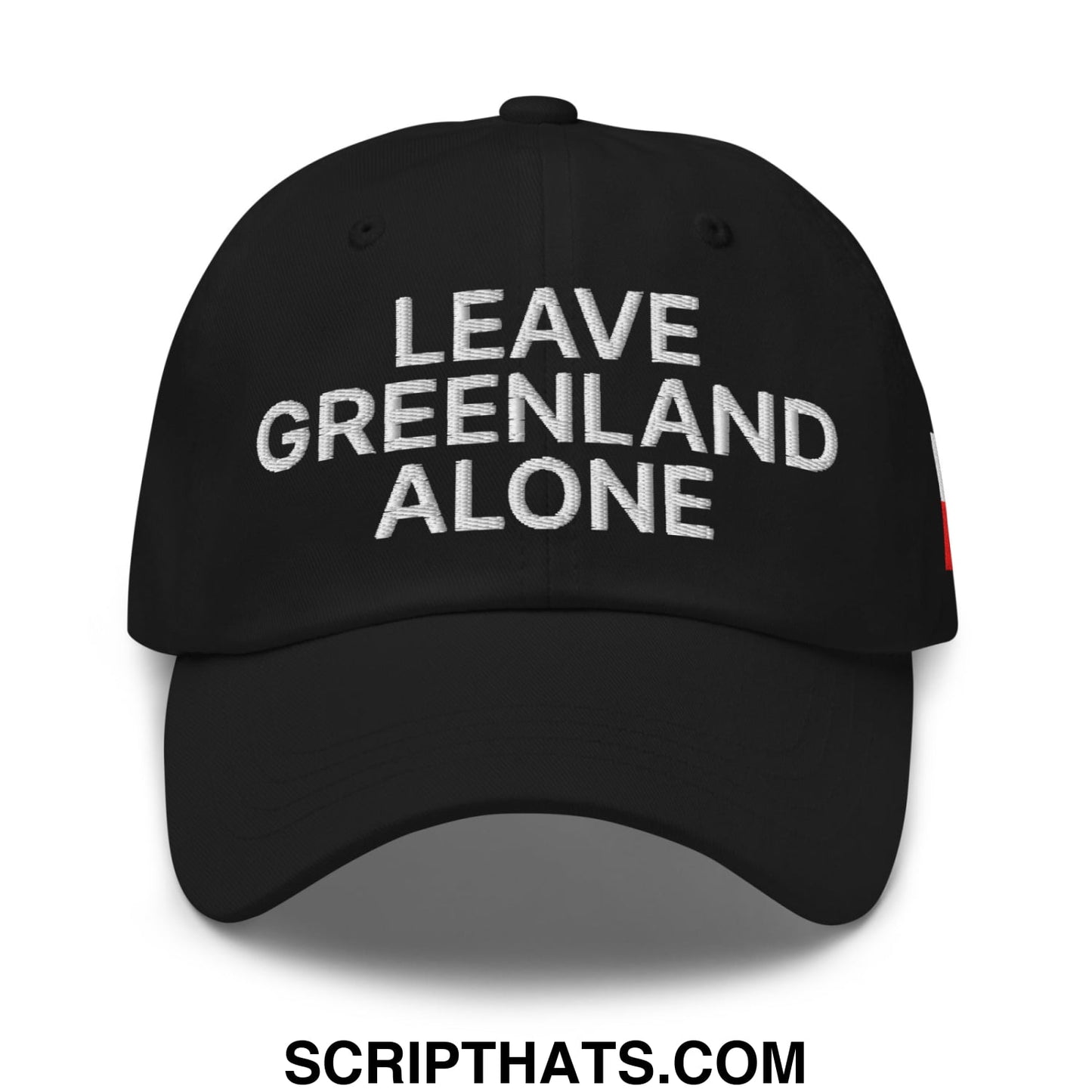 Black Leave Greenland Alone embroidered unstructured dad hat with white text and a small red side tag