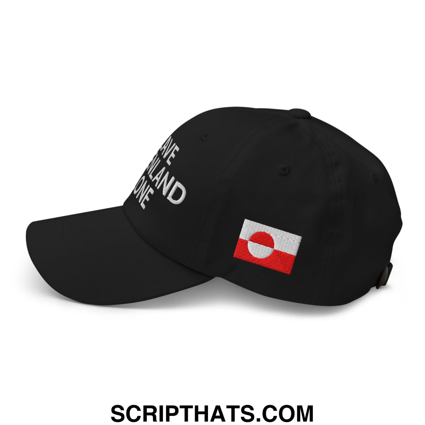 Black unstructured dad hat with white save finland one embroidery and red white flag patch on the side