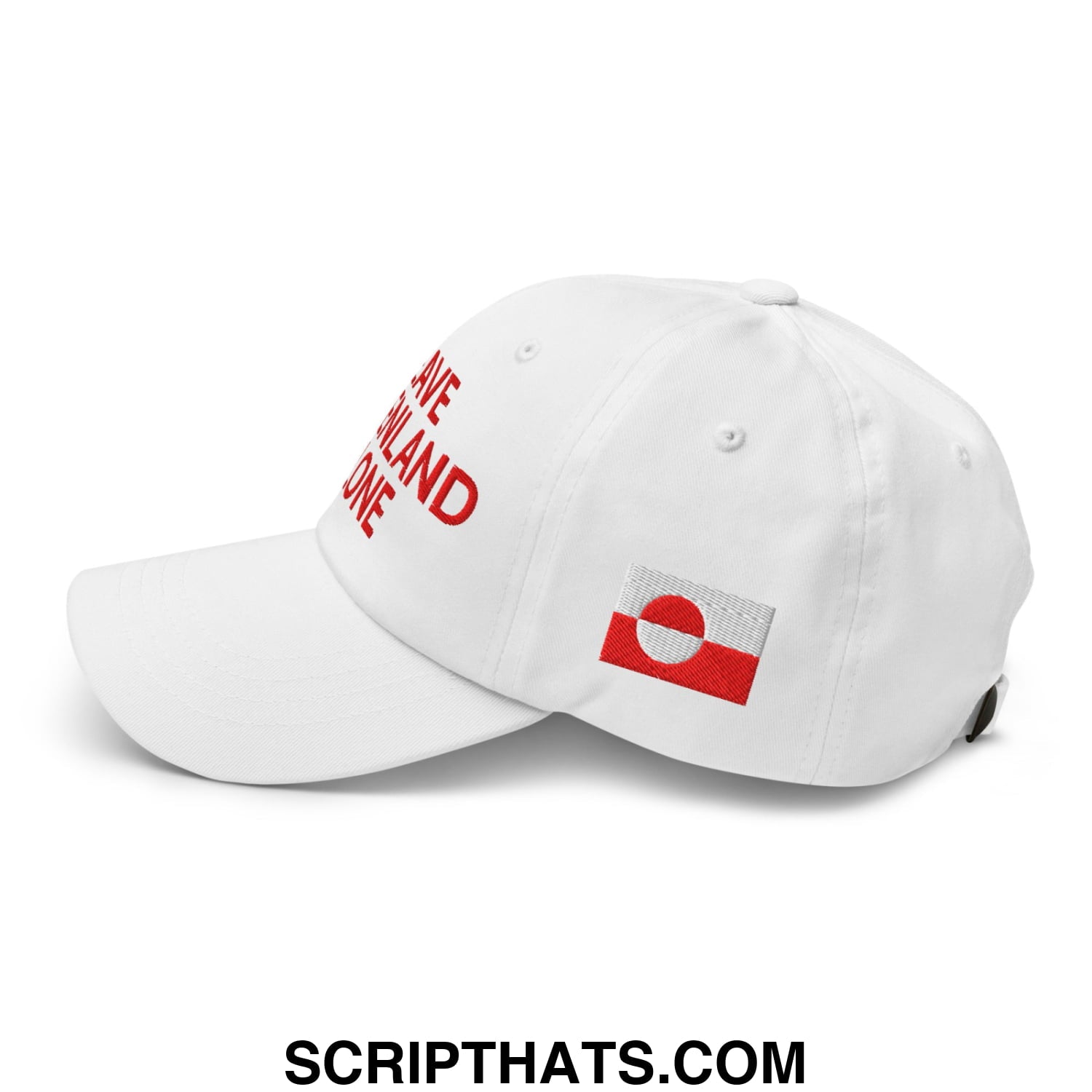 White unstructured dad hat with red save finland embroidery and finnish flag patch in leave greenland alone design
