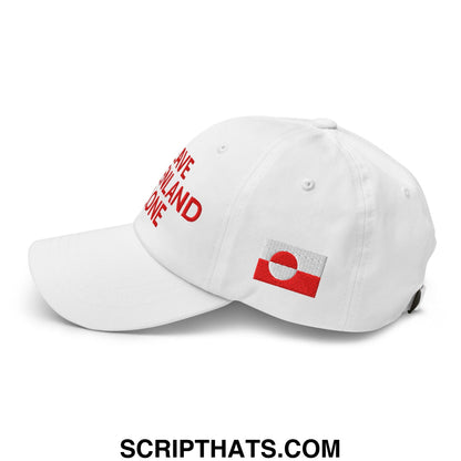 White unstructured dad hat with red save finland embroidery and finnish flag patch in leave greenland alone design