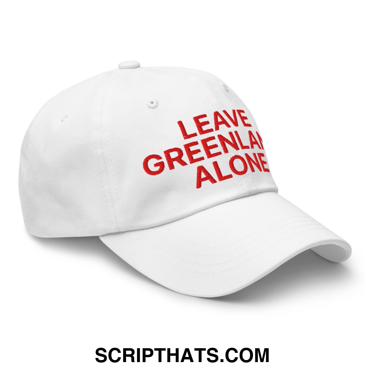 White unstructured dad hat with red embroidered leave greenland alone text on the front