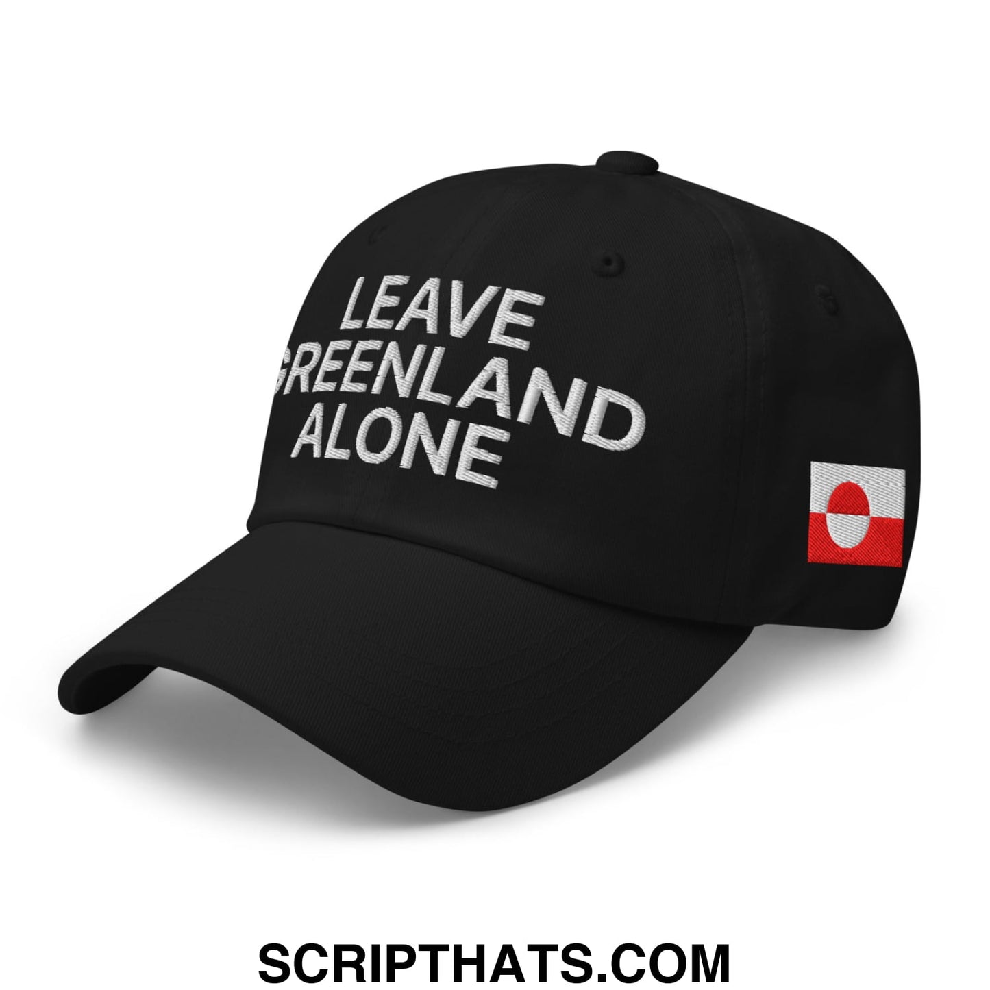 Black leave greenland alone embroidered unstructured dad hat with white text and red white flag patch on side