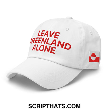 White unstructured dad hat with red leave greenland alone embroidery and small flag patch on the side