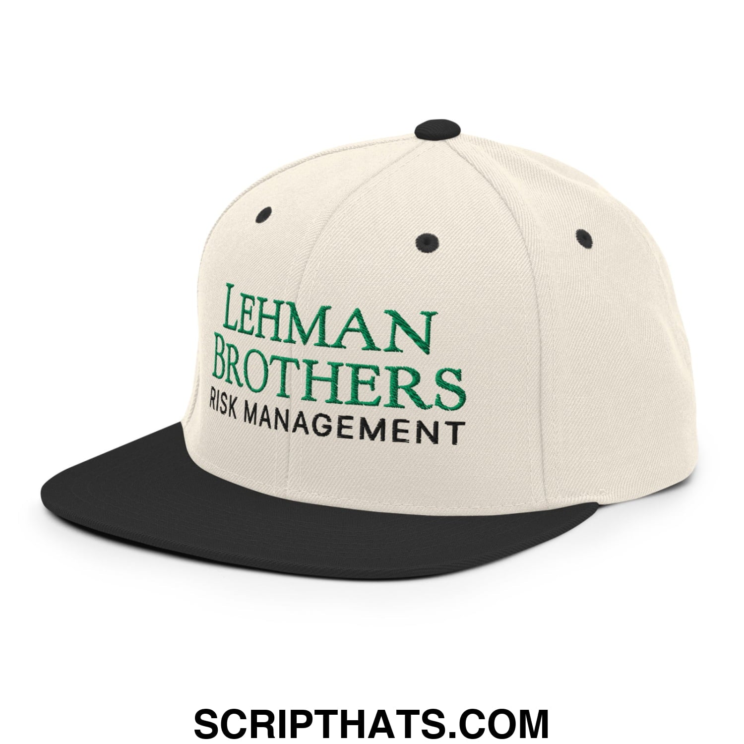 Cream-colored snapback hat with black brim embroidered green lehman brothers and black risk management text