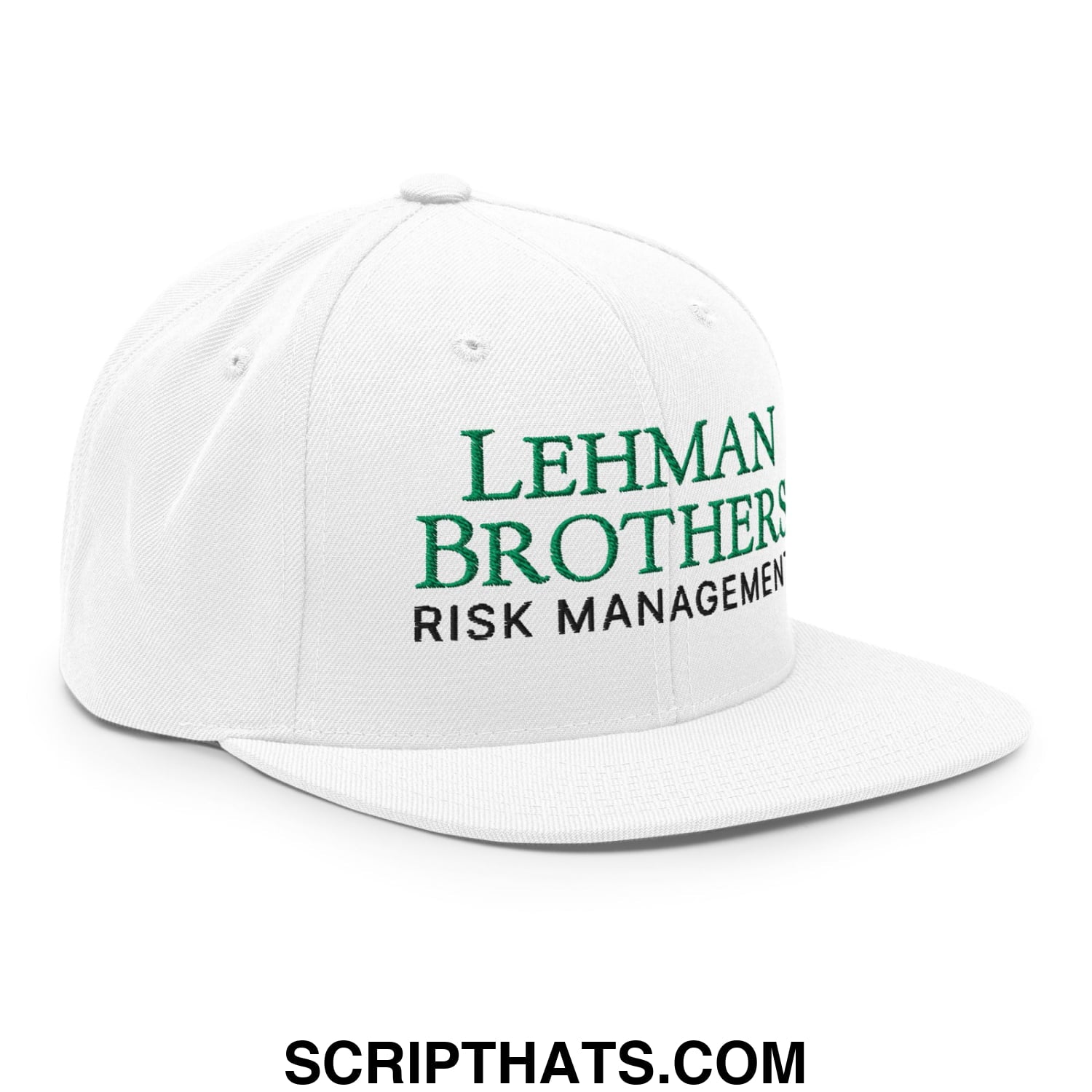 White snapback cap with embroidered green and black lehman brothers risk management text on front panel