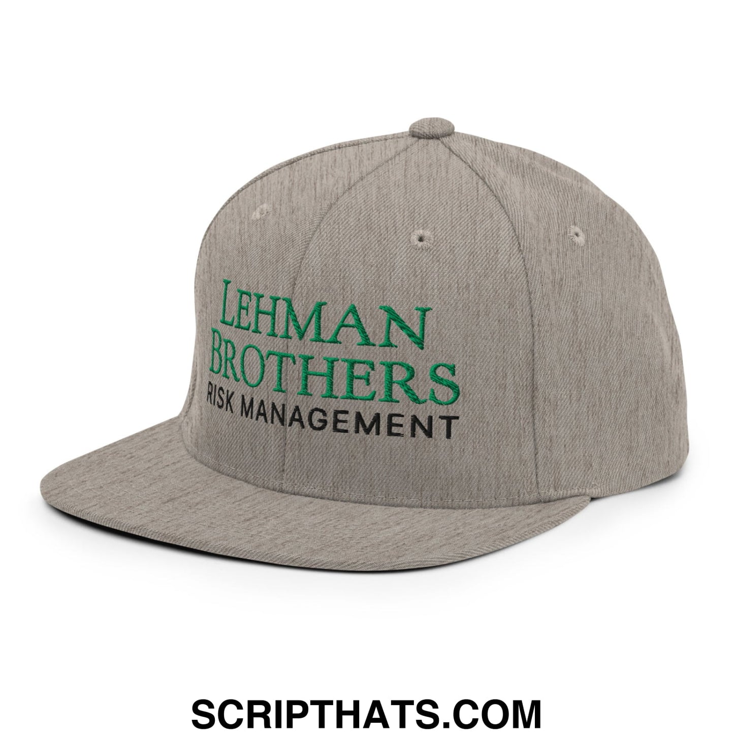 Gray snapback cap with green and black embroidered lehman brothers risk management text and flat bill brim
