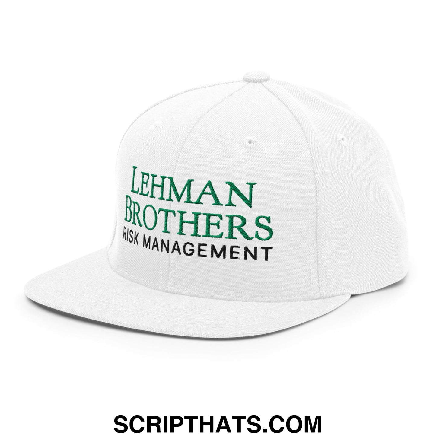 White snapback cap with embroidered green and black lehman brothers risk management text on front panel