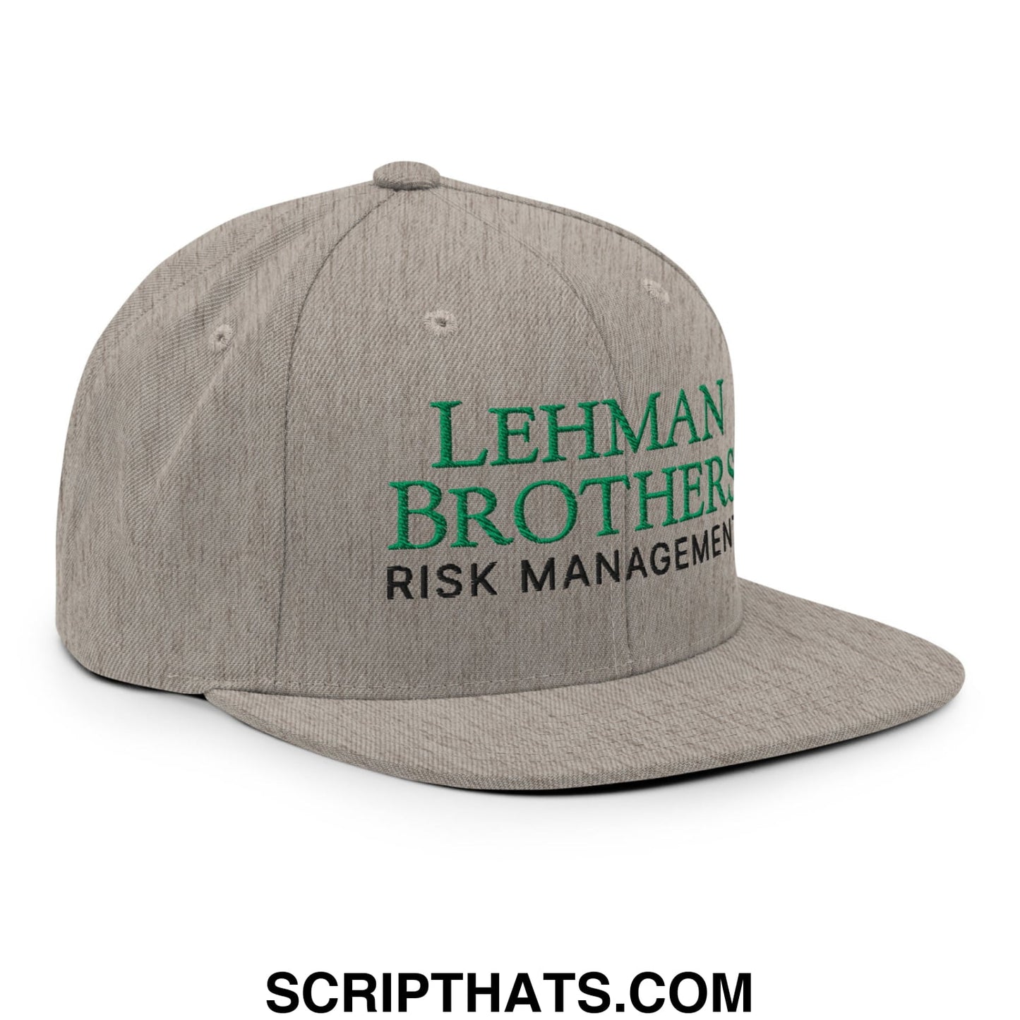 Gray snapback cap with green and black embroidered lehman brothers risk management text on flat bill brim