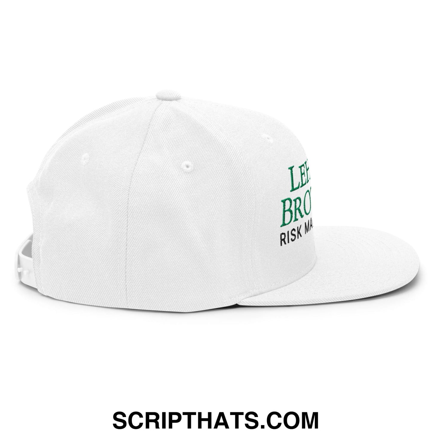 White lehman brothers risk management snapback hat with green embroidered text on the side and flat bill brim