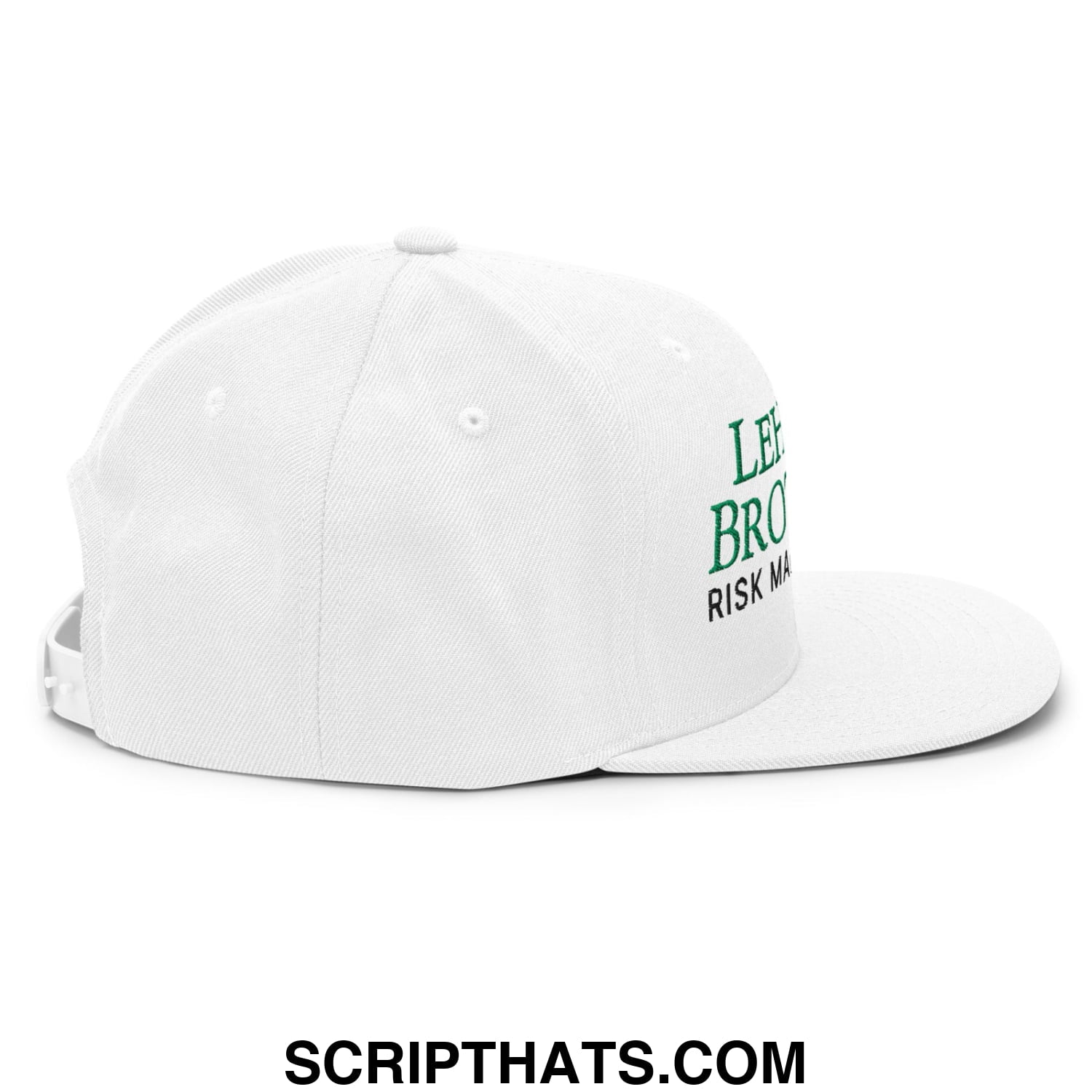 White lehman brothers risk management snapback hat with green embroidered text on the side and flat bill brim