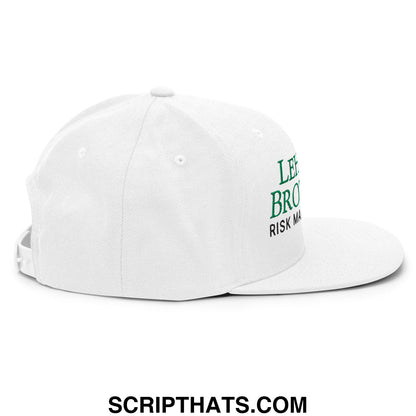 White lehman brothers risk management snapback hat with green embroidered text on the side and flat bill brim