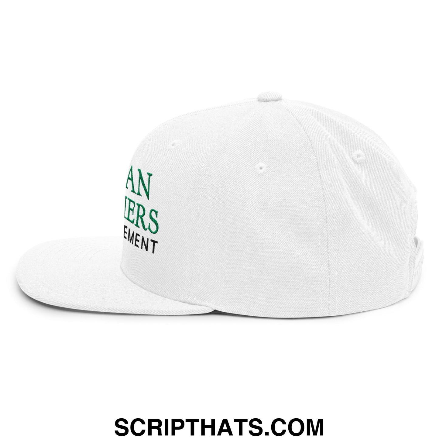 White snapback cap with green and black embroidered lehmans brothers risk management text on the side