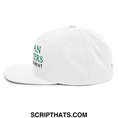 White snapback cap with green and black embroidered lehmans brothers risk management text on the side