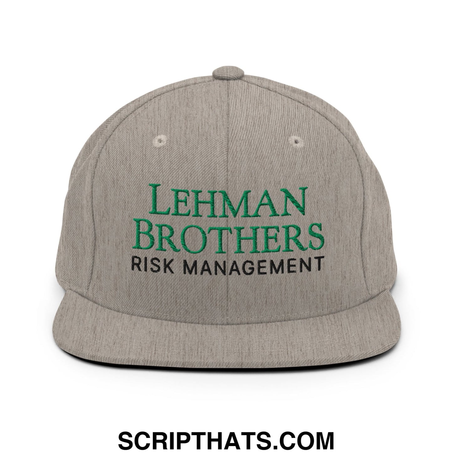 Gray snapback cap with embroidered green and black lehman brothers risk management text on flat bill brim