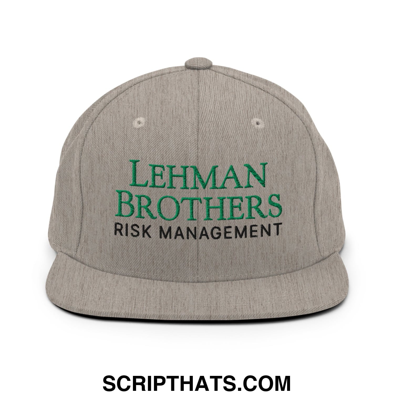 Gray snapback cap with embroidered green and black lehman brothers risk management text on flat bill brim