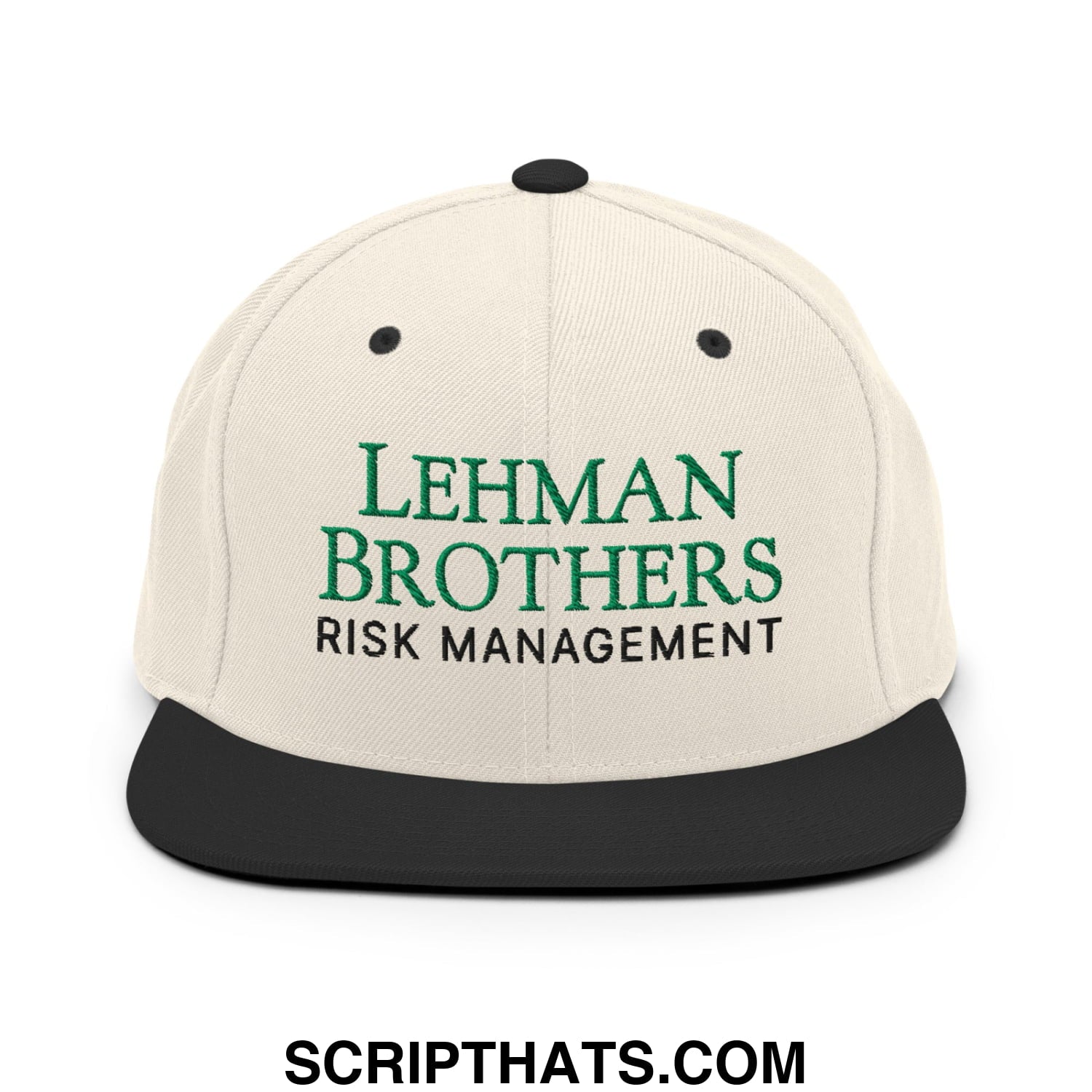 Cream-colored snapback hat with black brim embroidered with green lehman brothers and black risk management text
