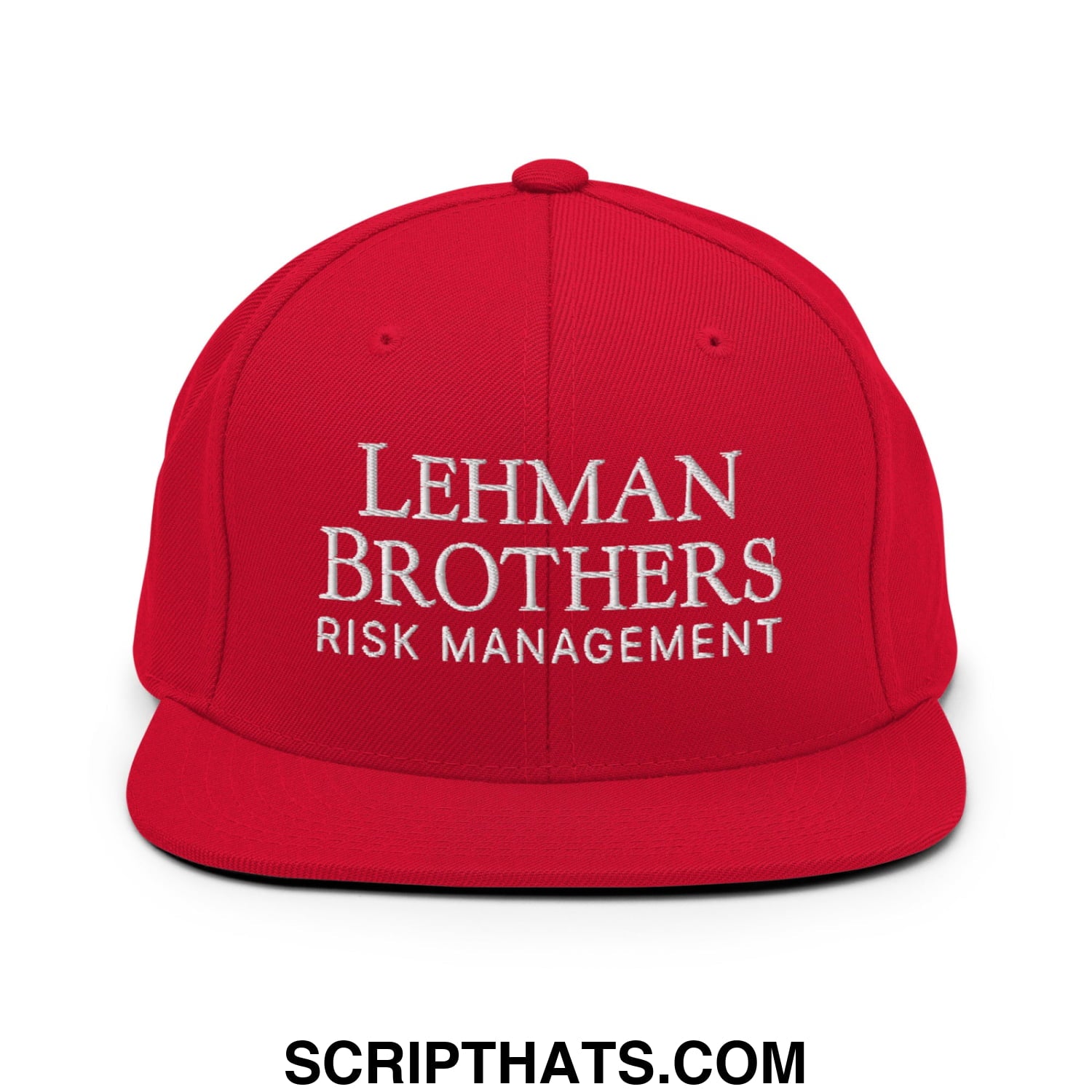 Red snapback cap with white embroidered lehman brothers risk management text and a flat bill brim design