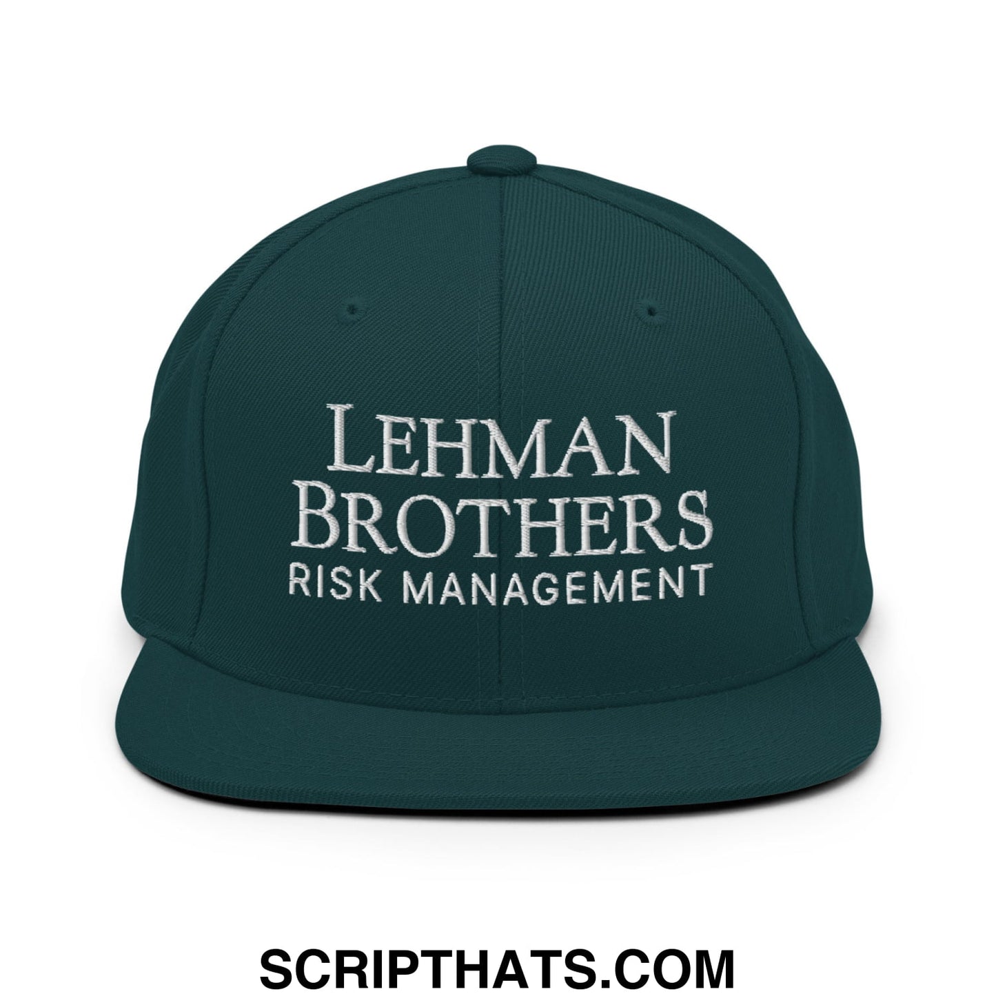 Dark green snapback hat with white lehman brothers risk management embroidered flat bill brim design