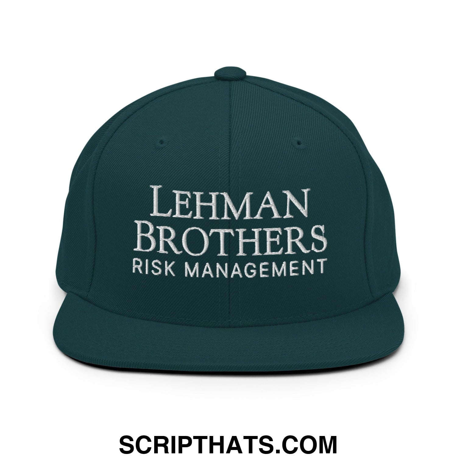 Dark green snapback hat with white lehman brothers risk management embroidered flat bill brim design