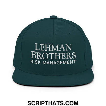 Dark green snapback hat with white lehman brothers risk management embroidered flat bill brim design
