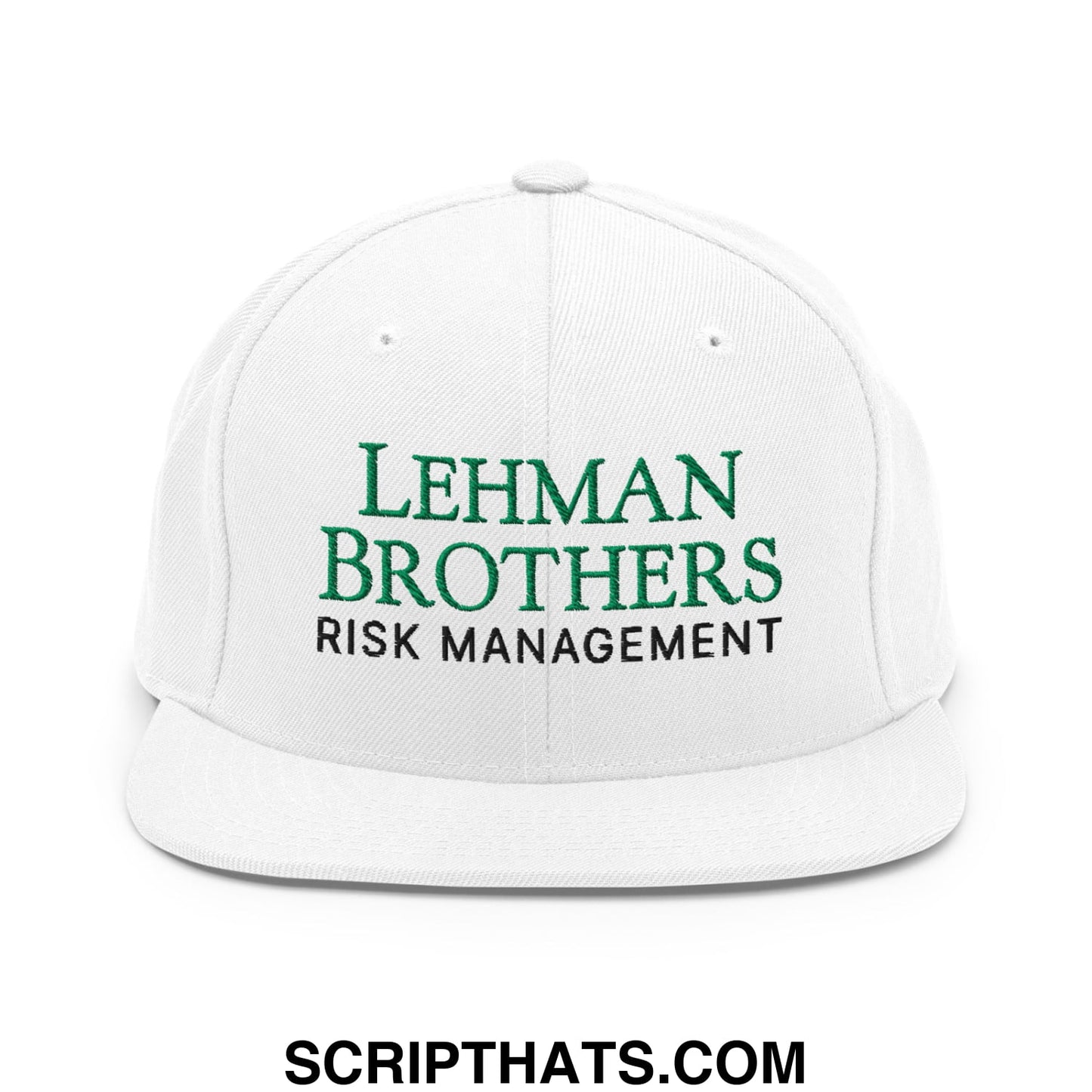 White snapback cap with embroidered green and black lehman brothers risk management text on front flat bill brim