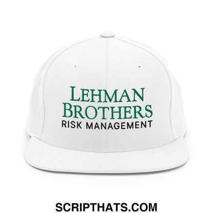 White snapback cap with embroidered green and black lehman brothers risk management text on front flat bill brim