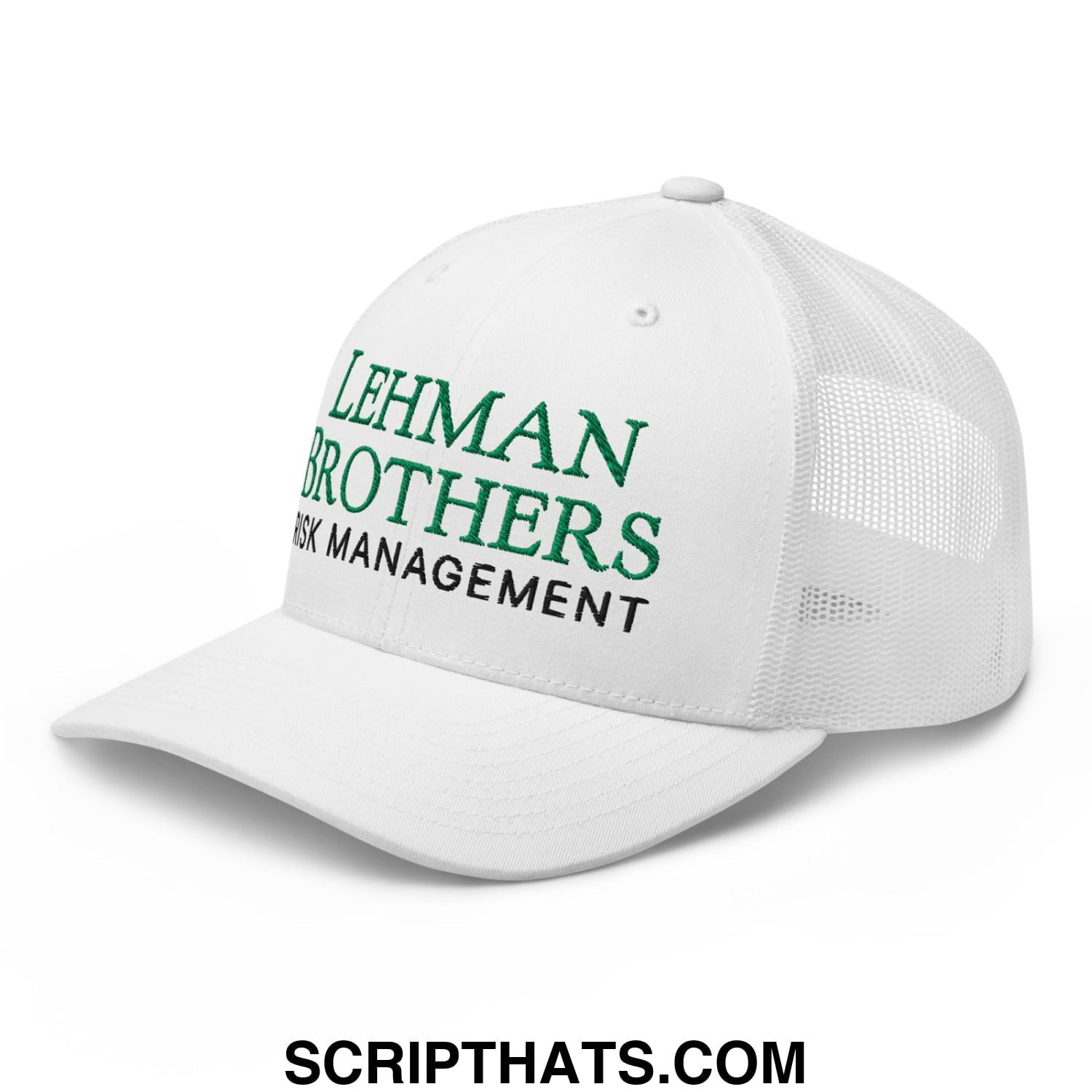 White mesh trucker hat with green and black embroidered lehman brothers risk management text on the front