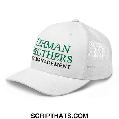 White mesh trucker hat with green and black embroidered lehman brothers risk management text on the front