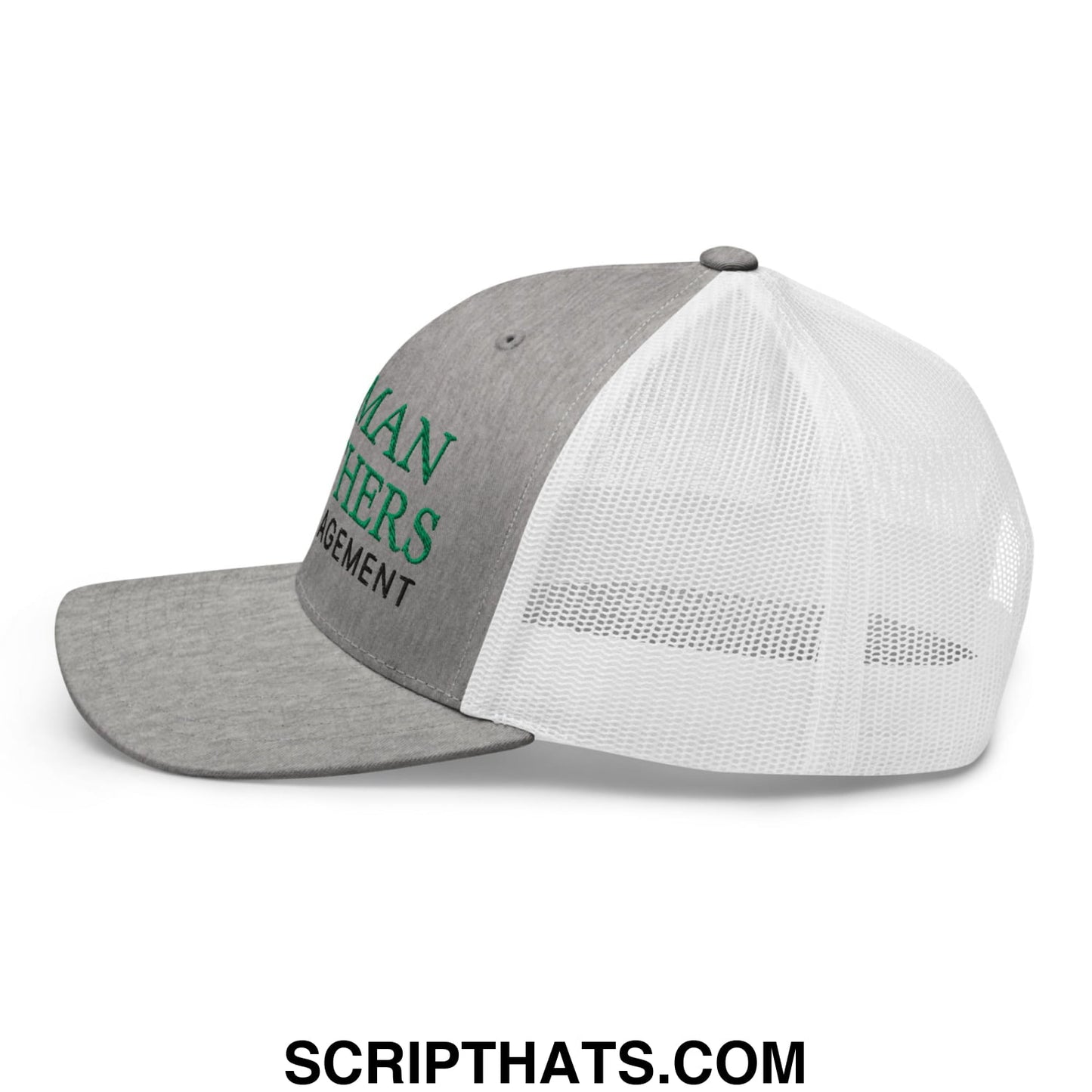 Gray and white mesh trucker hat with green lehman brothers risk management embroidered text on front panel