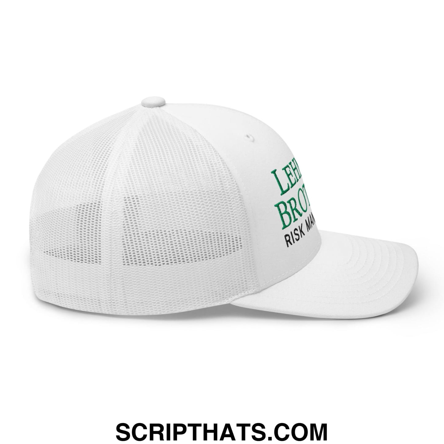 White mesh trucker hat with green embroidered text lethal brothers risk manager for Lehman Brothers risk management